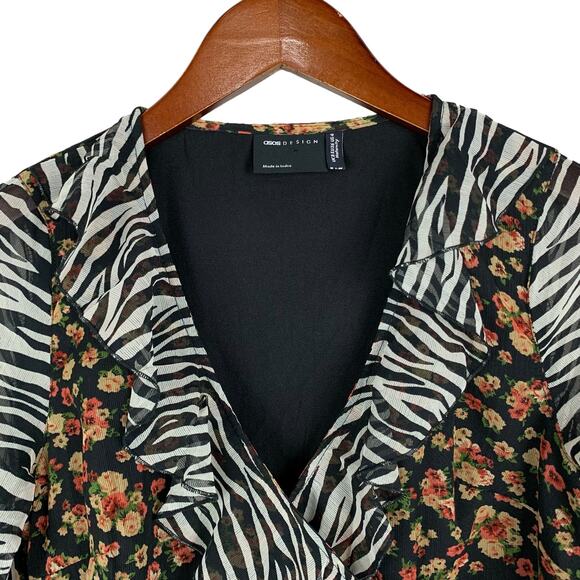 ASOS Design Wrap Mini Dress Zebra Dark Floral Bell Sleeve Ruffle Maternity 4 - Picture 3 of 12